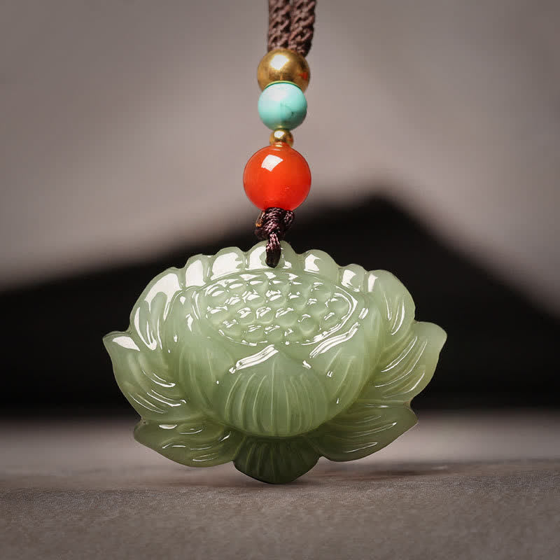 Nimara Ritual Hetian Cyan Jade Lotus Flower Success Necklace Pendant