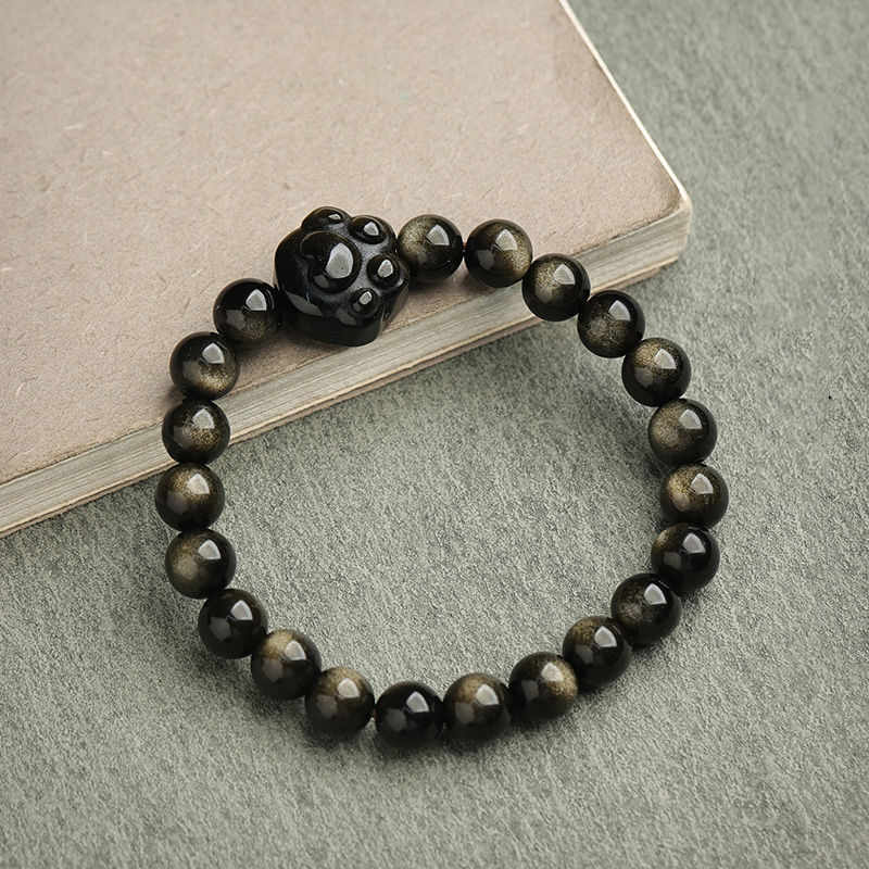 Nimara Ritual Gold Sheen Obsidian Silver Sheen Obsidian Lovely Paw Lucky Cat Protection Bracelet