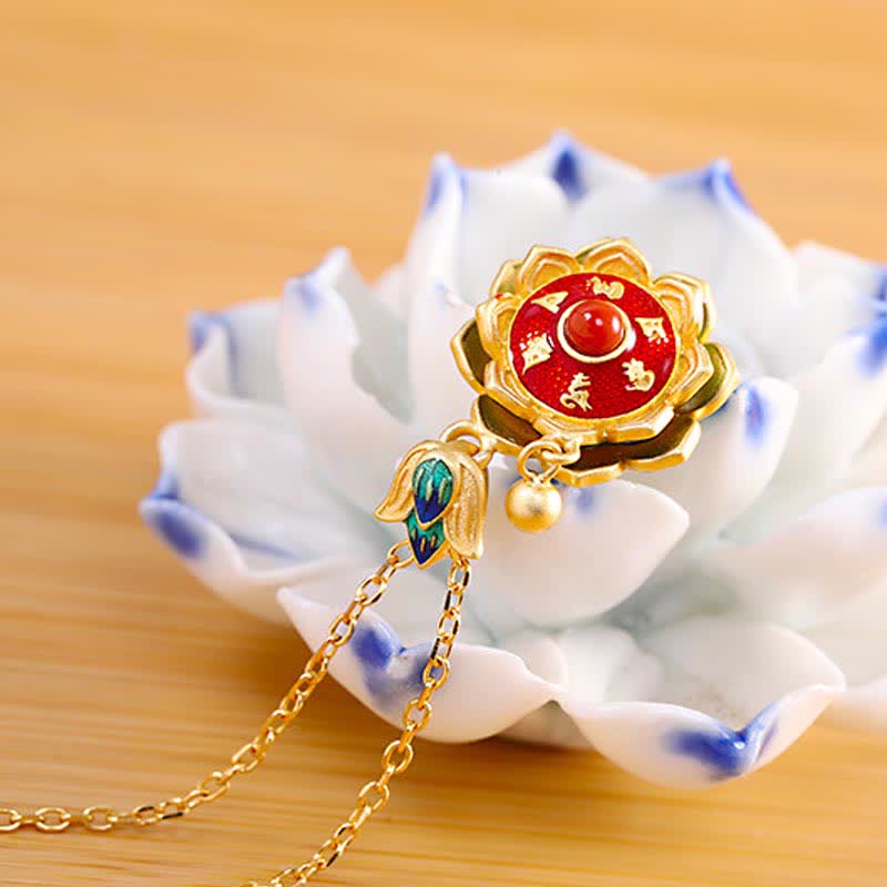 Nimara Ritual 925 Sterling Silver Tibet Lotus Prayer Wheel Red Agate Enlightenment Necklace Pendant