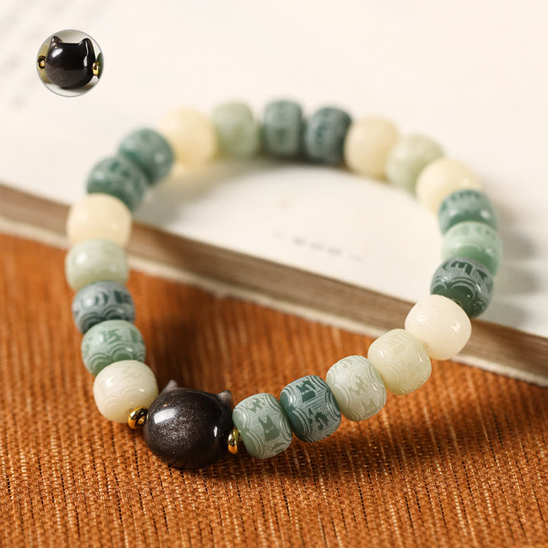 Nimara Ritual Bodhi Seed Silver Sheen Obsidian Cat Head Om Mani Padme Hum Engraved Harmony Bracelet