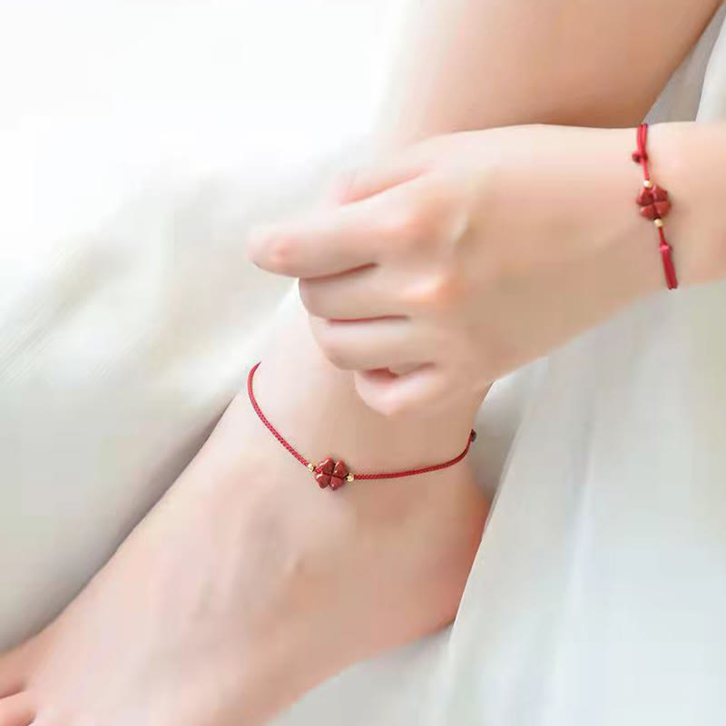Nimara Ritual Natural Cinnabar Four Leaf Clover Blessing Red String Bracelet Anklet