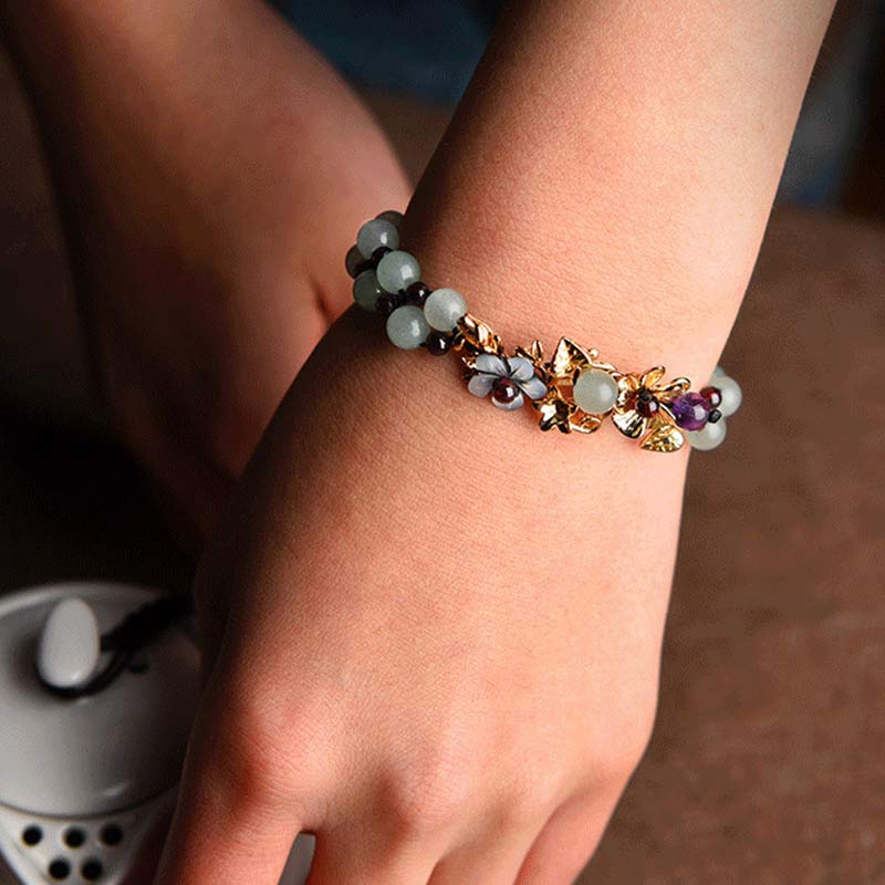 Nimara Ritual Green Aventurine Garnet Bead Flower Petal Luck Bracelet