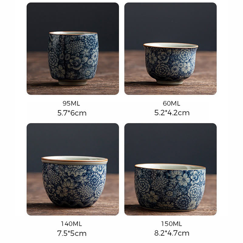 Nimara Ritual Blue Lotus Peach Blossom Chrysanthemum Design Ceramic Teacup Kung Fu Tea Cups