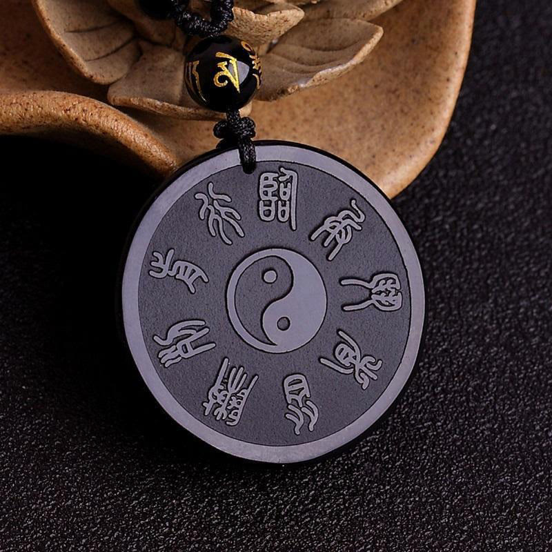Nimara Ritual Natural Black Obsidian Taoism Five Sacred Mountains Nine-Character Mantra Carved Strength Yin Yang Necklace Pendant Key Chain