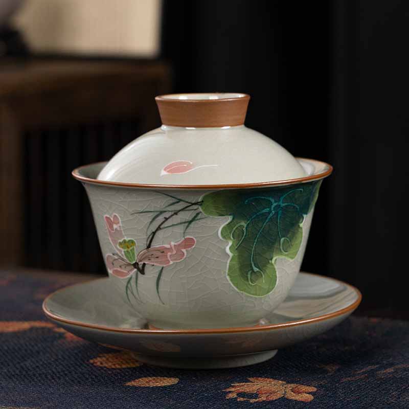 Nimara Ritual Lotus Koi Fish Pod Leaf Ceramic Gaiwan Sancai Teacup Kung Fu Tea Cup And Saucer With Lid 140ml