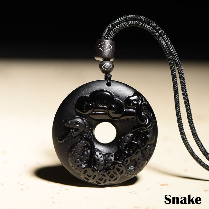 Nimara Ritual Chinese Zodiac Natural Black Obsidian Peace Buckle Strength Necklace Pendant
