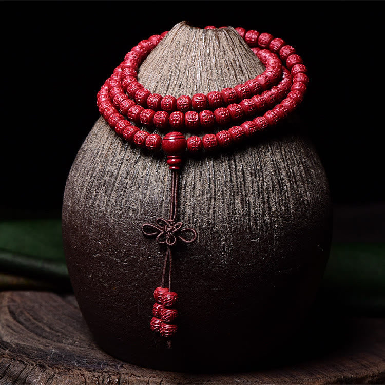 Nimara Ritual 108 Mala Beads Cinnabar Om Mani Padme Hum Pattern Engraved Blessing Bracelet