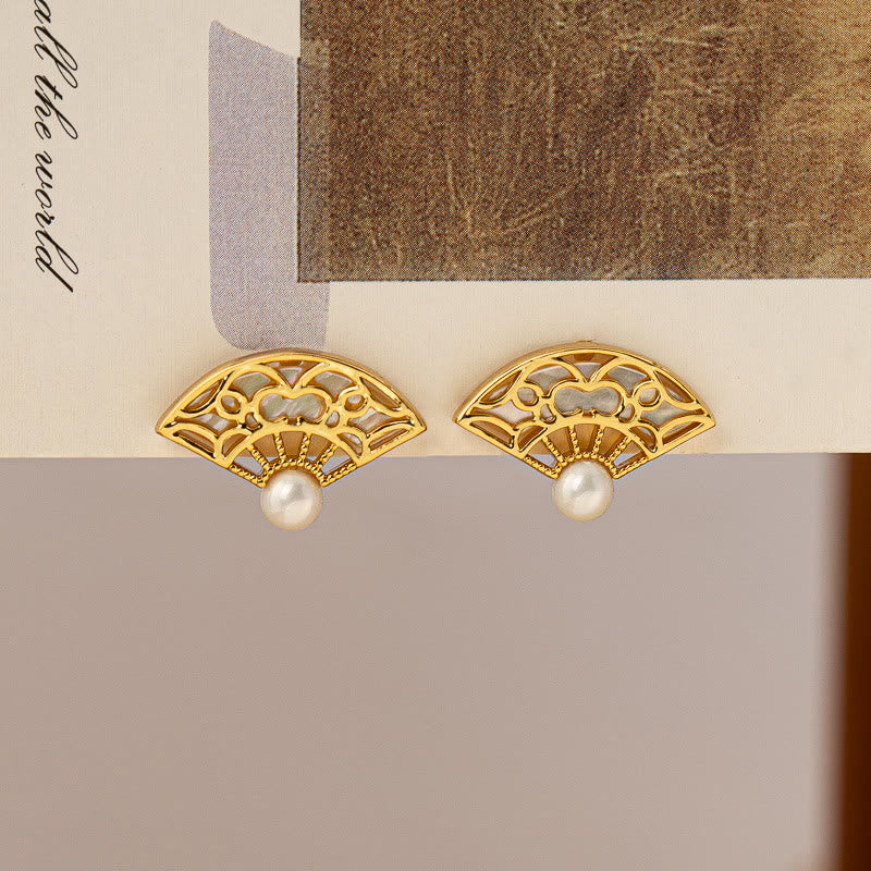 Nimara Ritual 925 Sterling Silver Posts Fan Pattern Pearl Copper Wisdom Stud Drop Earrings