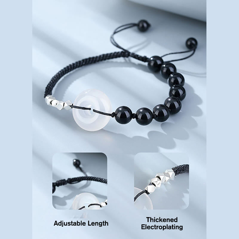 Nimara Ritual 925 Sterling Silver Black Obsidian Agate Peace Buckle Strength Bracelet