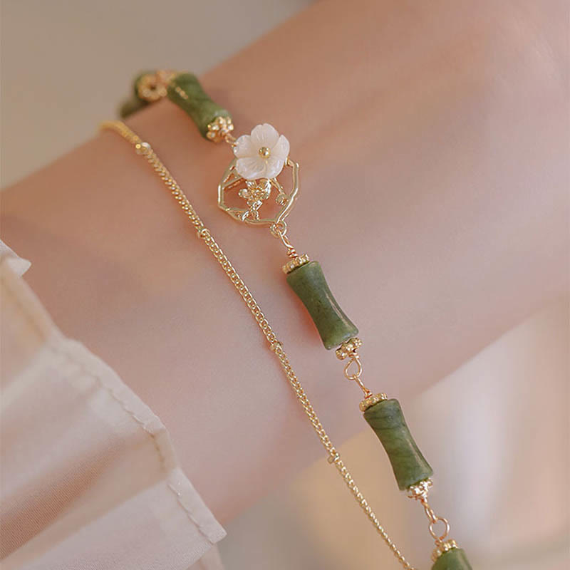 Nimara Ritual 14k Gold Plated Copper Peridot Bamboo Flower Wealth Double Layer Bracelet