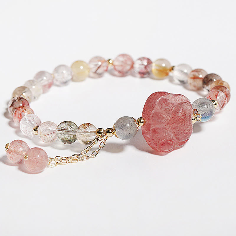 Nimara Ritual Natural Strawberry Quartz Cat Paw Claw Colorful Rutilated Quartz Moonstone Love Bracelet
