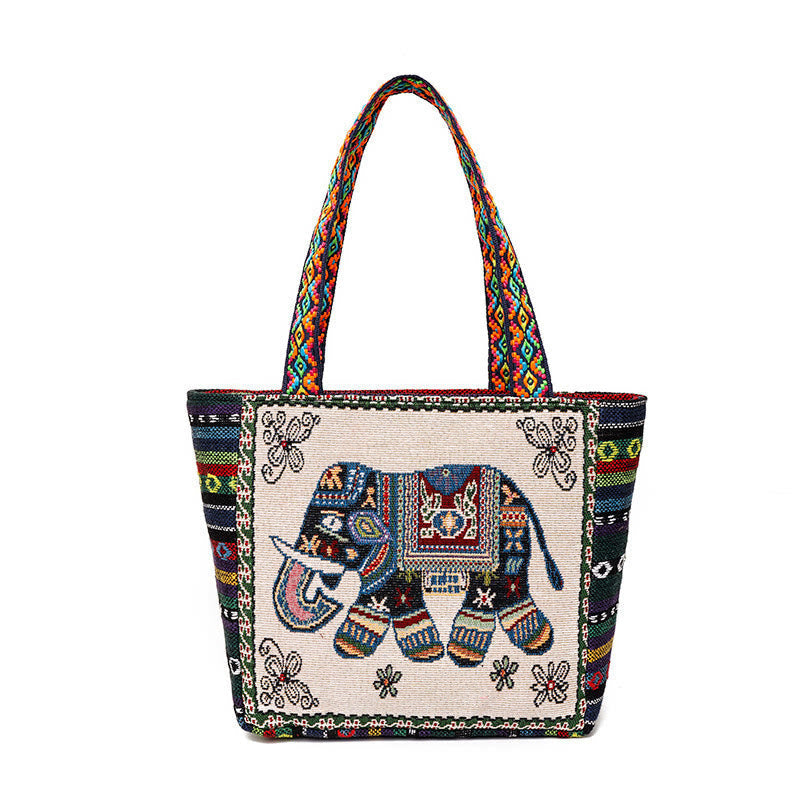 Nimara Ritual Elephant Butterfly Embroidered Large Capacity Canvas Tote Bag Shoulder Bag