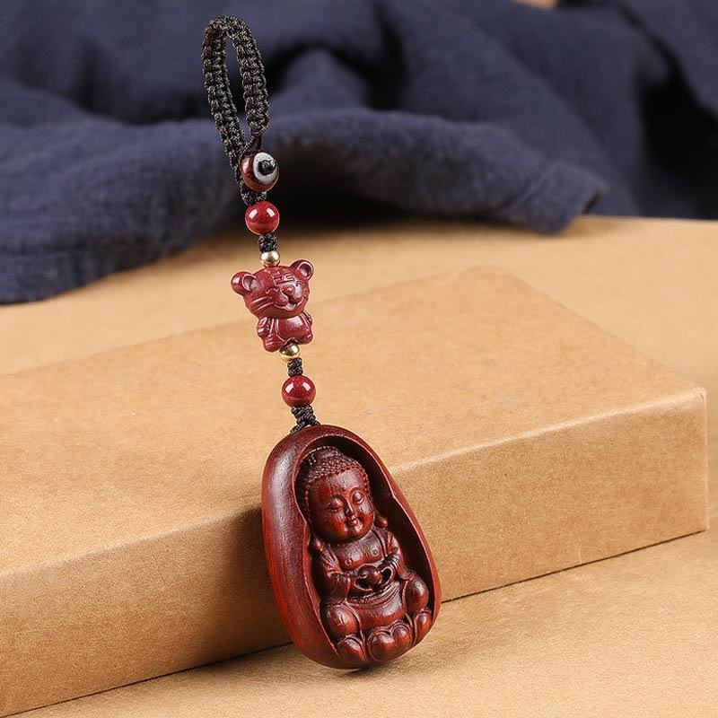 Nimara Ritual Small Leaf Red Sandalwood Buddha Cinnabar Chinese Zodiac Amulet Protection Key Chain