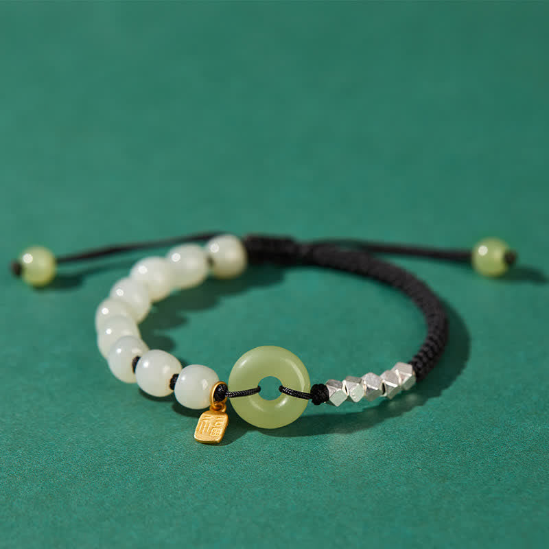 Nimara Ritual 925 Sterling Silver Hetian Jade Peace Buckle Beaded Luck Happiness Charm Bracelet