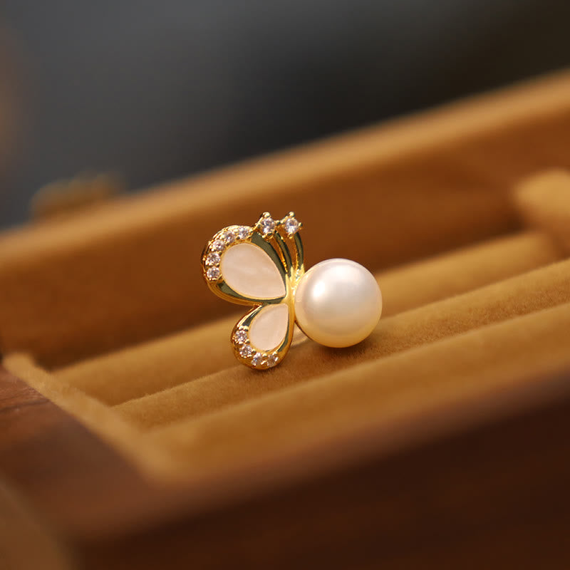 Nimara Ritual 925 Sterling Silver Posts 18K Gold Plated Copper Natural Pearl Butterfly Zircon Healing Stud Earrings