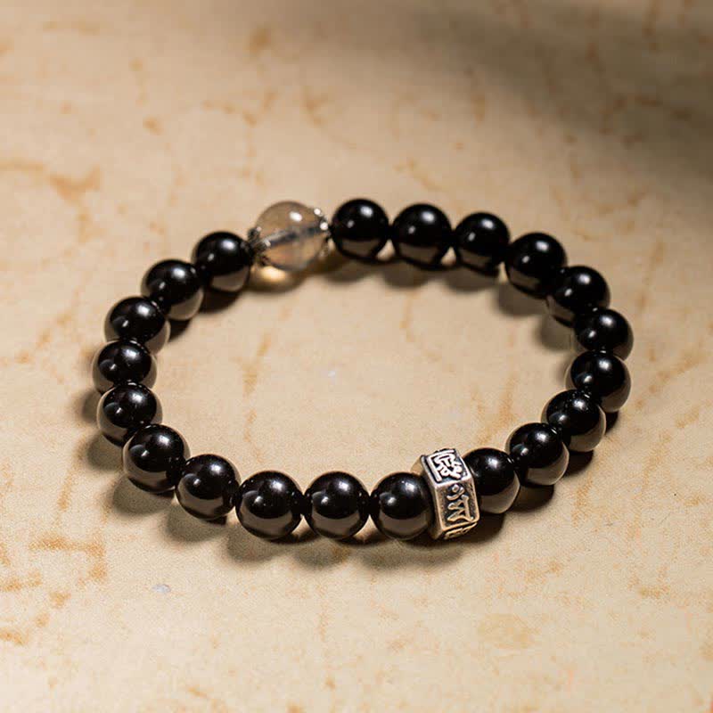 Nimara Ritual Chinese Zodiac Natal Buddha 925 Sterling Silver Black Obsidian Moonstone Strength Bracelet
