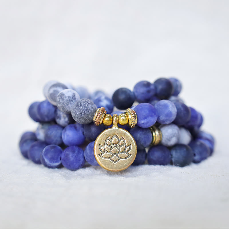Nimara Ritual 108 Natural Picasso Jasper & Blue Stone Mala Bead Lotus Pendant Bracelet