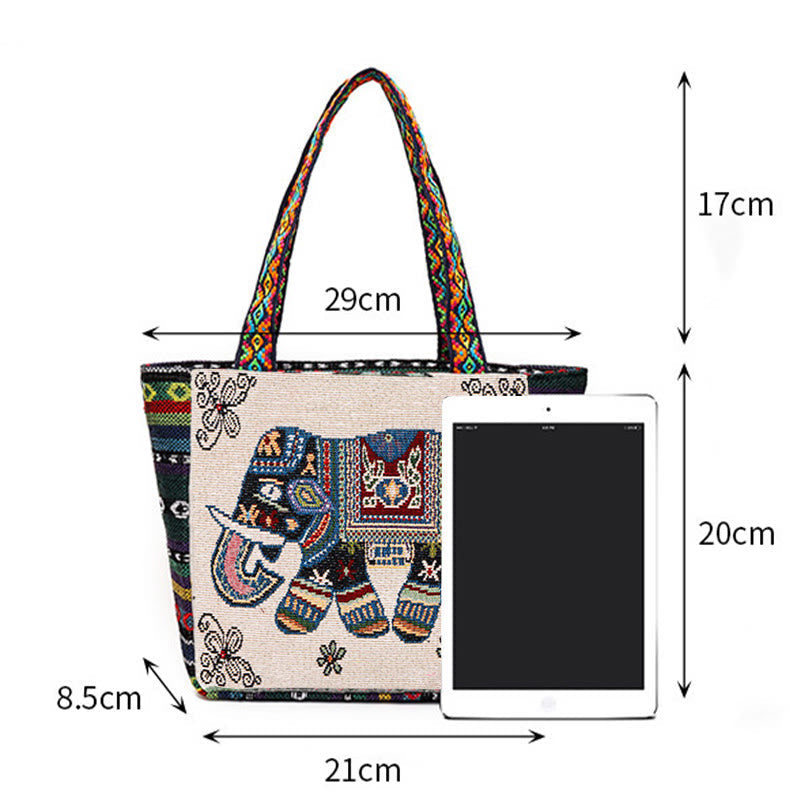Nimara Ritual Elephant Butterfly Embroidered Large Capacity Canvas Tote Bag Shoulder Bag