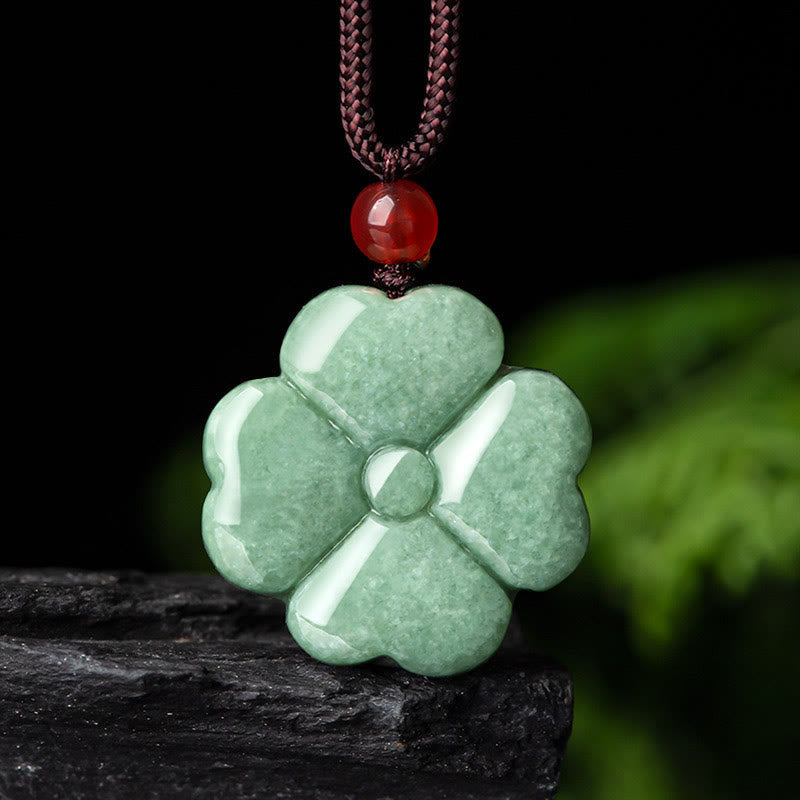 Nimara Ritual Natural Lucky Four Leaf Clover Jade Prosperity Necklace Pendant
