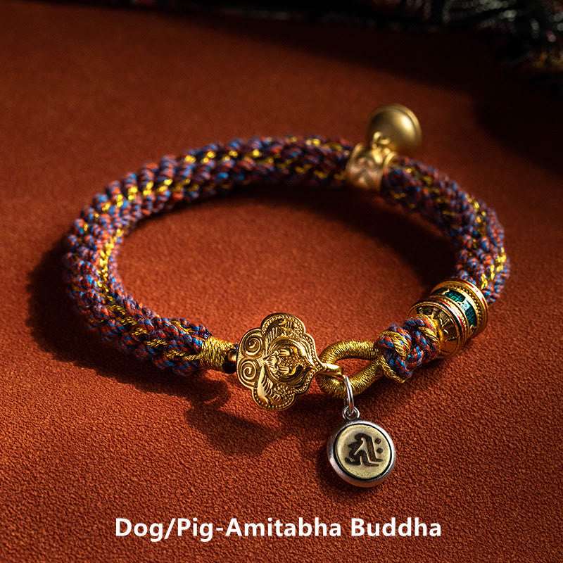 Nimara Ritual 925 Sterling Silver Chinese Zodiac Natal Buddha Om Mani Padme Hum Luck Bell Braided String Bracelet