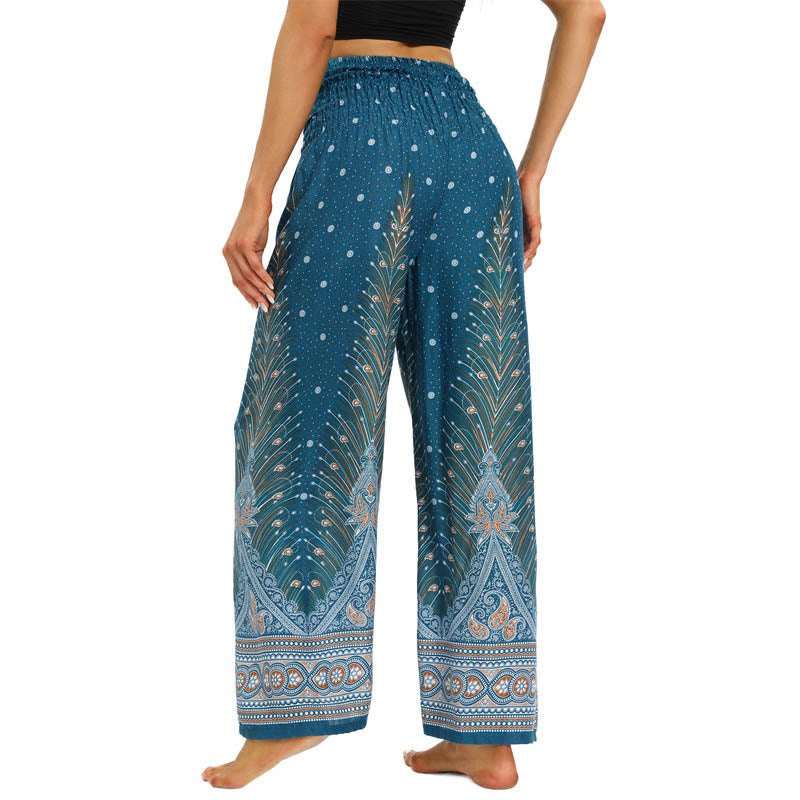 Nimara Ritual Boho Peacock Feathers Lace-up Wide Leg Pants Women's Yoga Pants