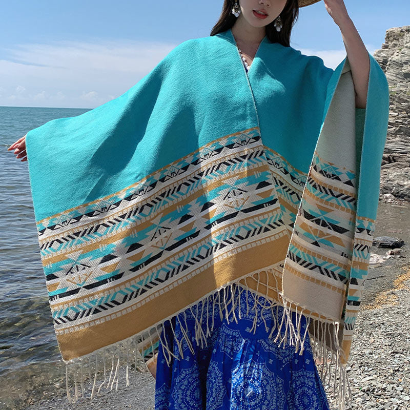 Nimara Ritual Tibetan Shawl Colorful Geometry Winter Cozy Travel Scarf Wrap