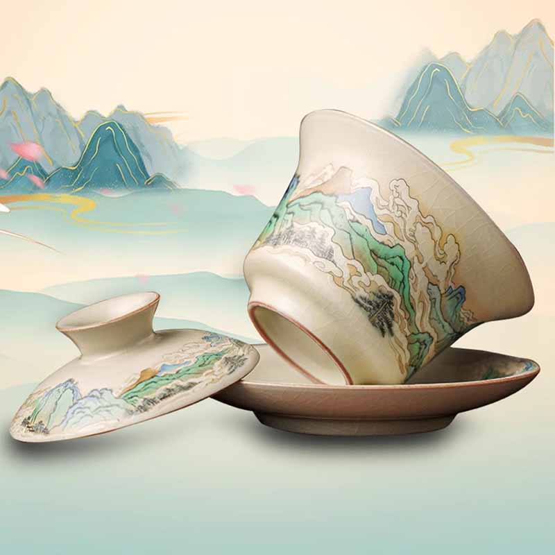 Nimara Ritual A Panorama of Rivers and Mountains Flowers Ceramic Gaiwan Sancai Teacup Kung Fu Tea Cup And Saucer With Lid