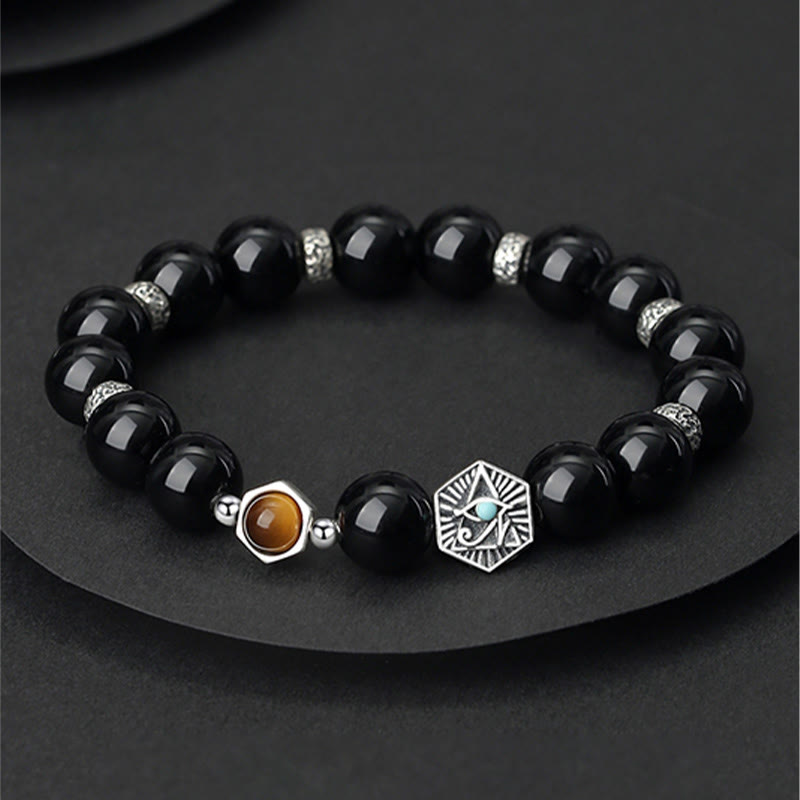 Nimara Ritual 925 Sterling Silver Black Obsidian Tiger Eye Eye of Providence Purification Bracelet