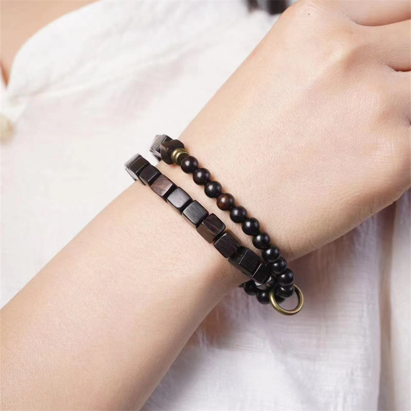 Nimara Ritual Tibet Ebony Wood Square Beads Peace Double Wrap Bracelet
