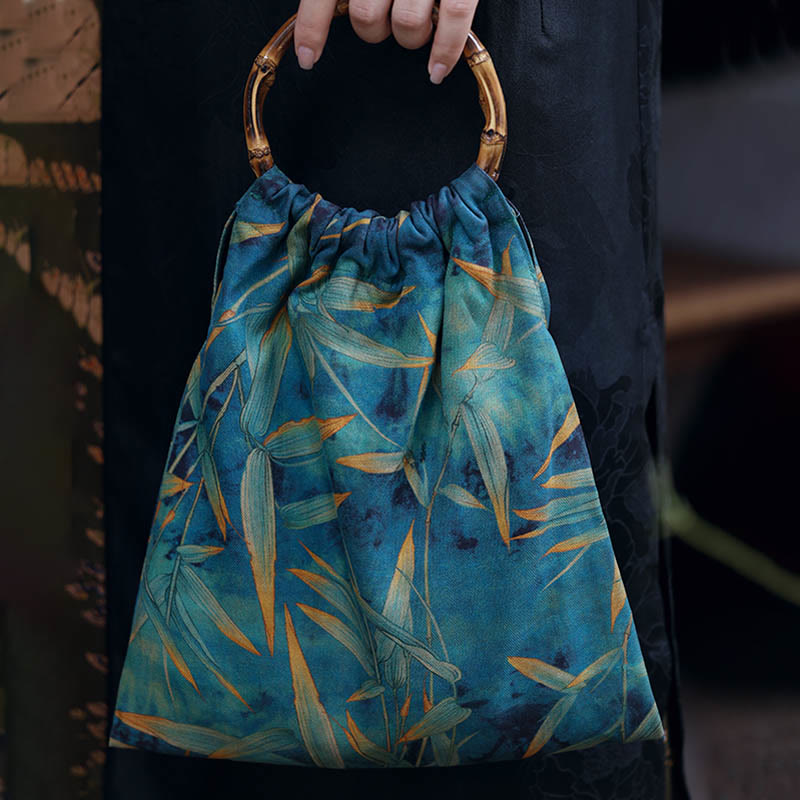 Nimara Ritual Blue Green Bamboo Leaves Bamboo Handles Handbag