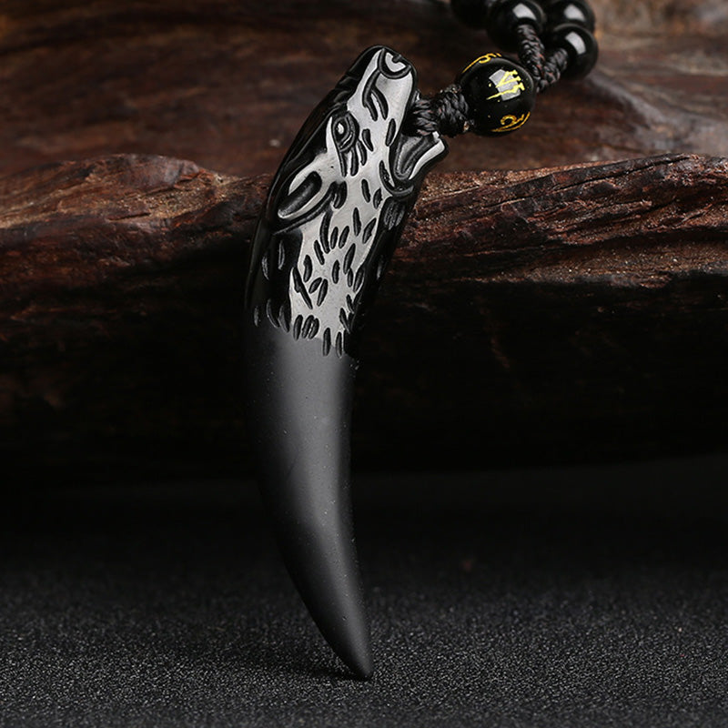 Nimara Ritual Natural Ice Obsidian Wolf Tooth Pattern Courage Necklace Pendant