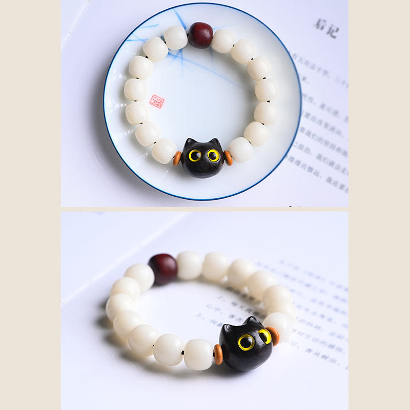 Nimara Ritual Natural Bodhi Seed Small Leaf Red Sandalwood Ebony Wood Cute Lucky Cat Wisdom Bracelet