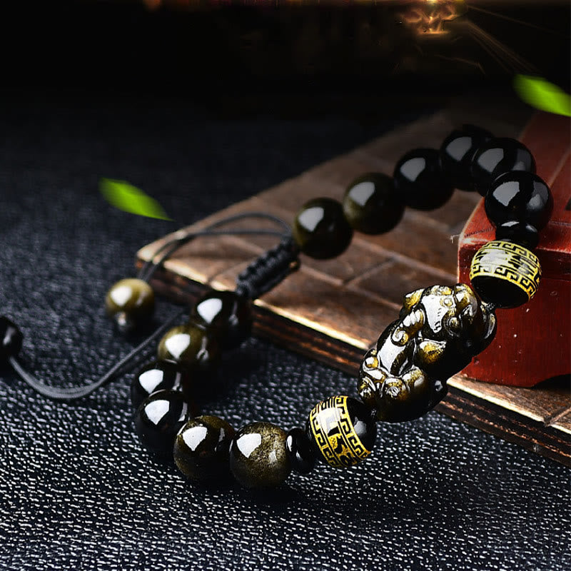 Nimara Ritual Natural Gold Sheen Obsidian PiXiu Om Mani Padme Hum Wealth Braided Bracelet