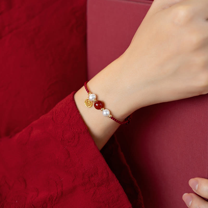 Nimara Ritual 925 Sterling Silver Good Fortune Fu Character Agate Pearl Red String Braid Bracelet