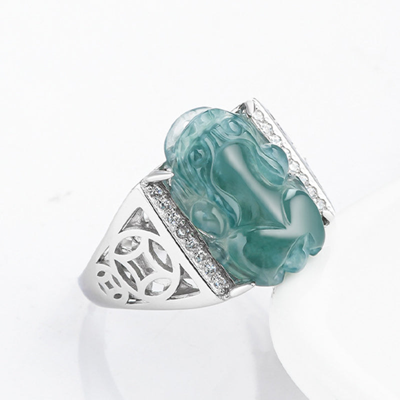 Nimara Ritual 925 Sterling Silver Fengshui Wealth Prosperity Jade PiXiu Luck Ring