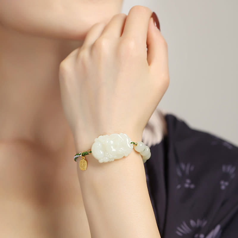 Nimara Ritual 925 Sterling Silver Chinese Zodiac Hetian Jade Happiness Luck String Bracelet