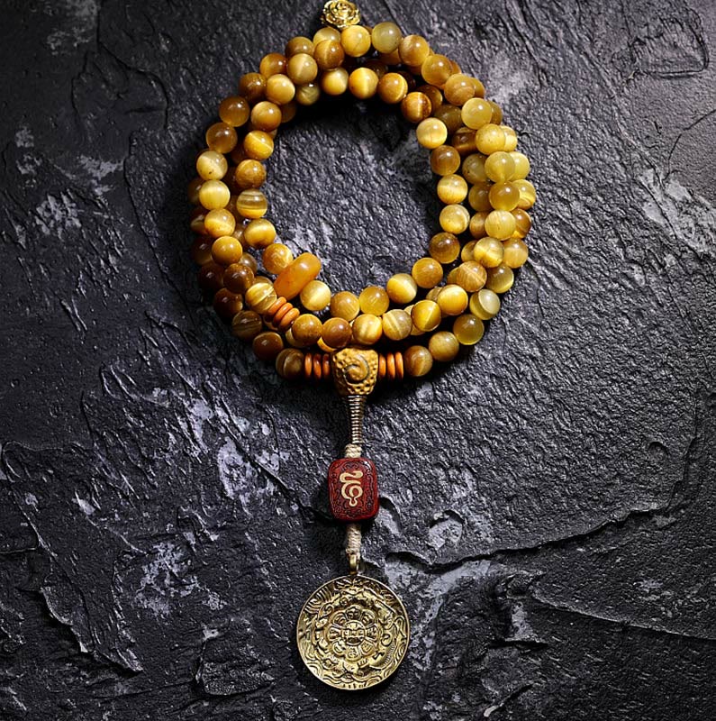 Nimara Ritual 108 Mala Beads Natural Tiger Eye Copper Dorje Protection Tassel Bracelet