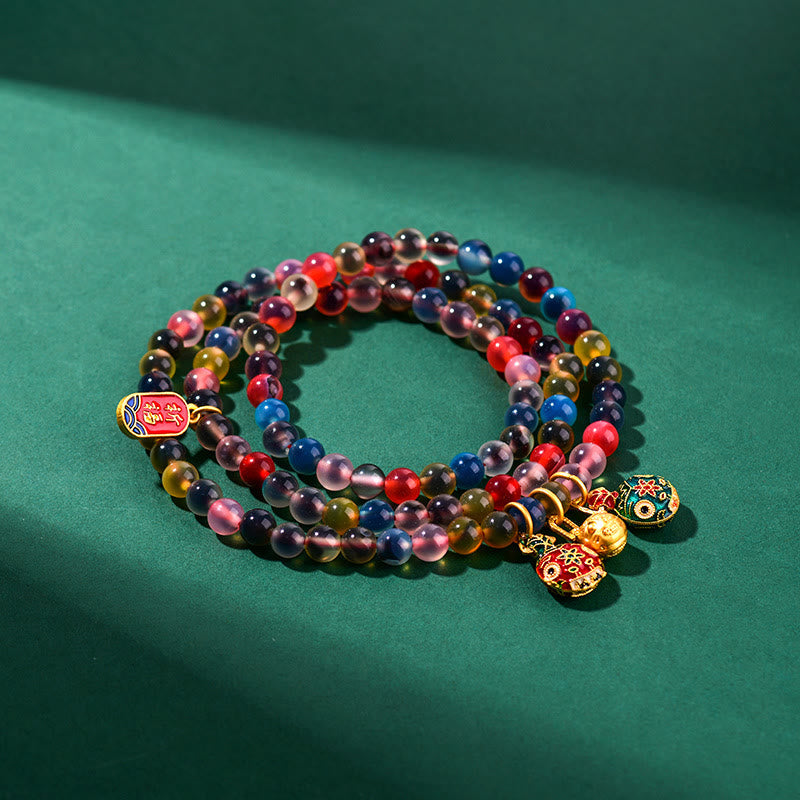 Nimara Ritual Colorful Candy Agate Gold Swallowing Beast Family Strength Charm Triple Wrap Bracelet