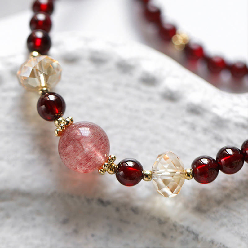 Nimara Ritual 14K Gold Plated Natural Garnet Strawberry Quartz Stability Double Wrap Bracelet