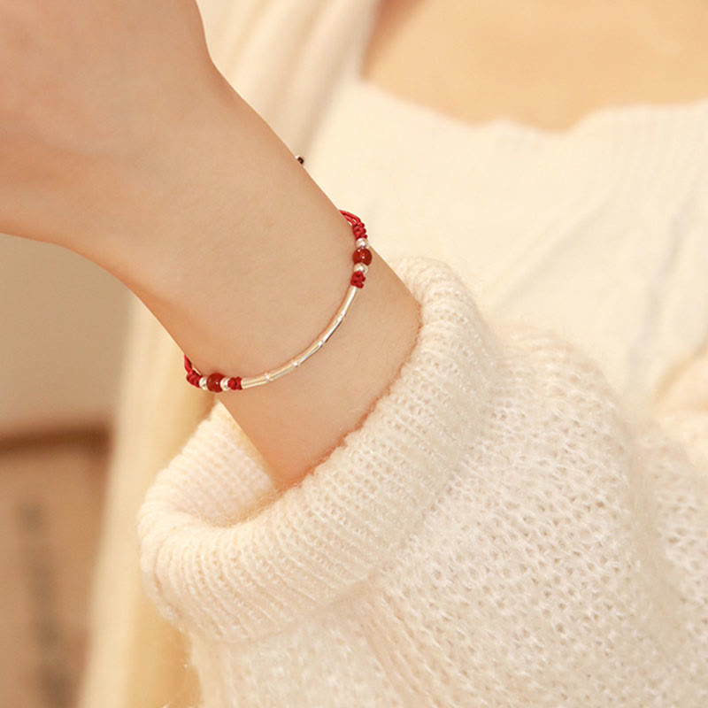 Nimara Ritual 925 Sterling Silver Bamboo White Agate Red Agate Bead Protection String Braided Bracelet
