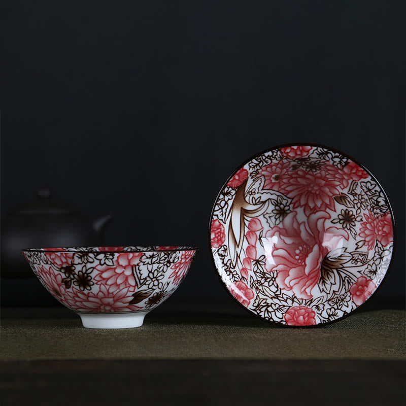 Nimara Ritual Flowers Fu Character Mountains Lotus Cherry Blossoms Ceramic Teacup Kung Fu Tea Cup