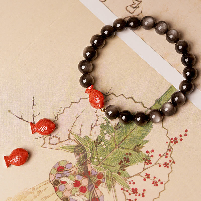 Nimara Ritual Natural Silver Sheen Obsidian Cinnabar Koi Fish Soothing Protection Bracelet