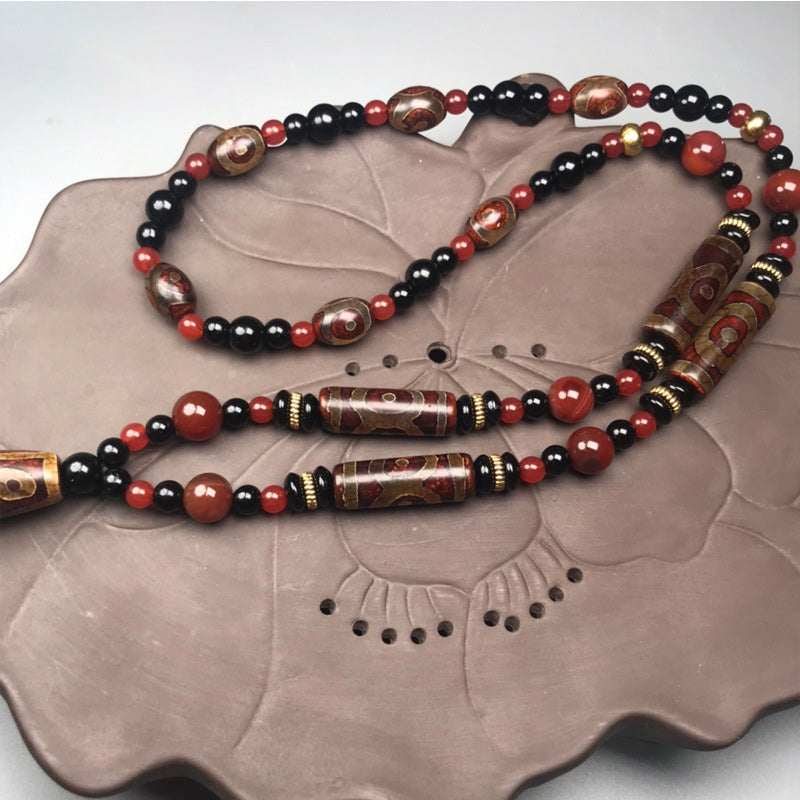 Nimara Ritual Nine-Eye Dzi Bead Red Agate Wealth Health Necklace