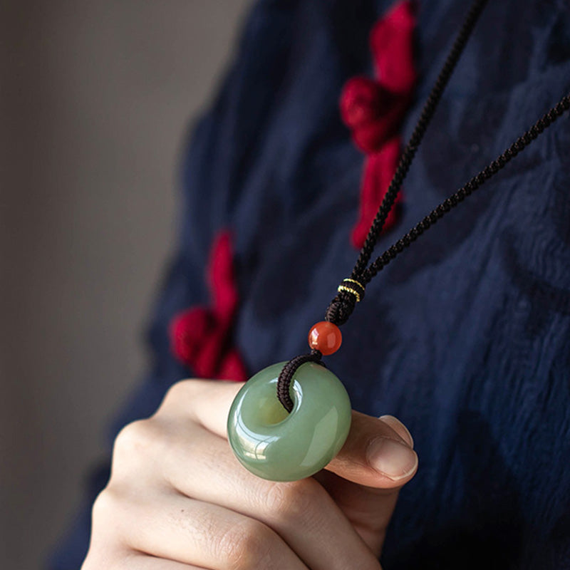 Nimara Ritual Natural Round Jade Gray Jade Peace Buckle Luck Necklace Pendant