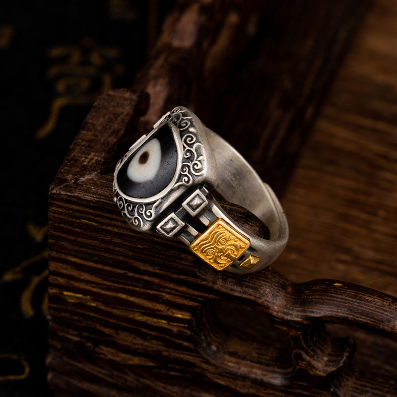 Nimara Ritual 925 Sterling Silver Zakiram Goddess of Wealth Design Dzi Bead Protection Ring
