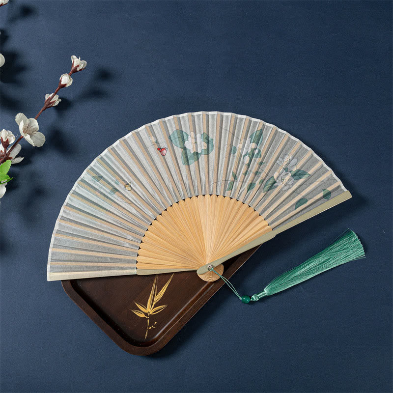 Nimara Ritual Lotus Begonia Flower Jasmine Handheld Bamboo Folding Fan 21cm