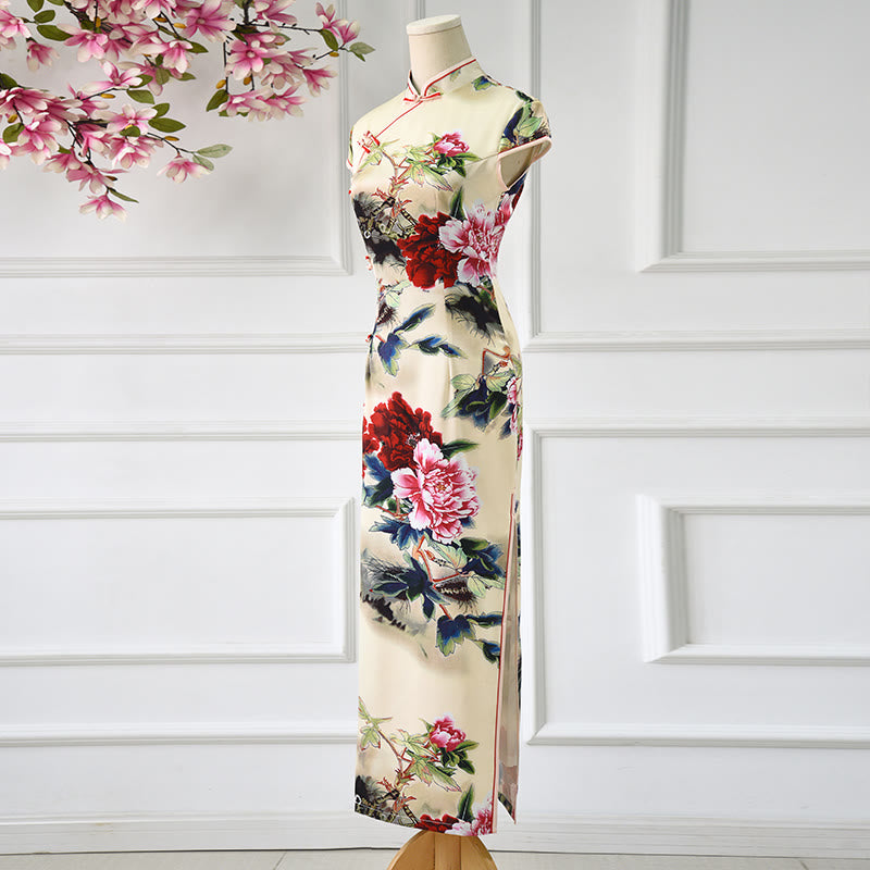 Nimara Ritual Peony Flower Print Cheongsam Dress Women's Qipao