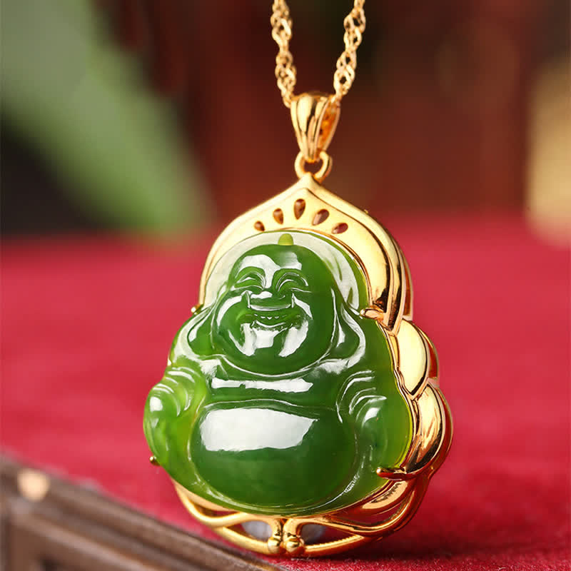 Nimara Ritual 925 Sterling Silver Natural Hetian Cyan Jade Laughing Buddha 18K Gold Healing Necklace Chain Pendant