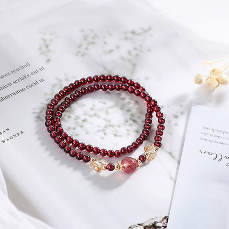 Nimara Ritual 14K Gold Plated Natural Garnet Strawberry Quartz Butterfly Protection Double Wrap Bracelet