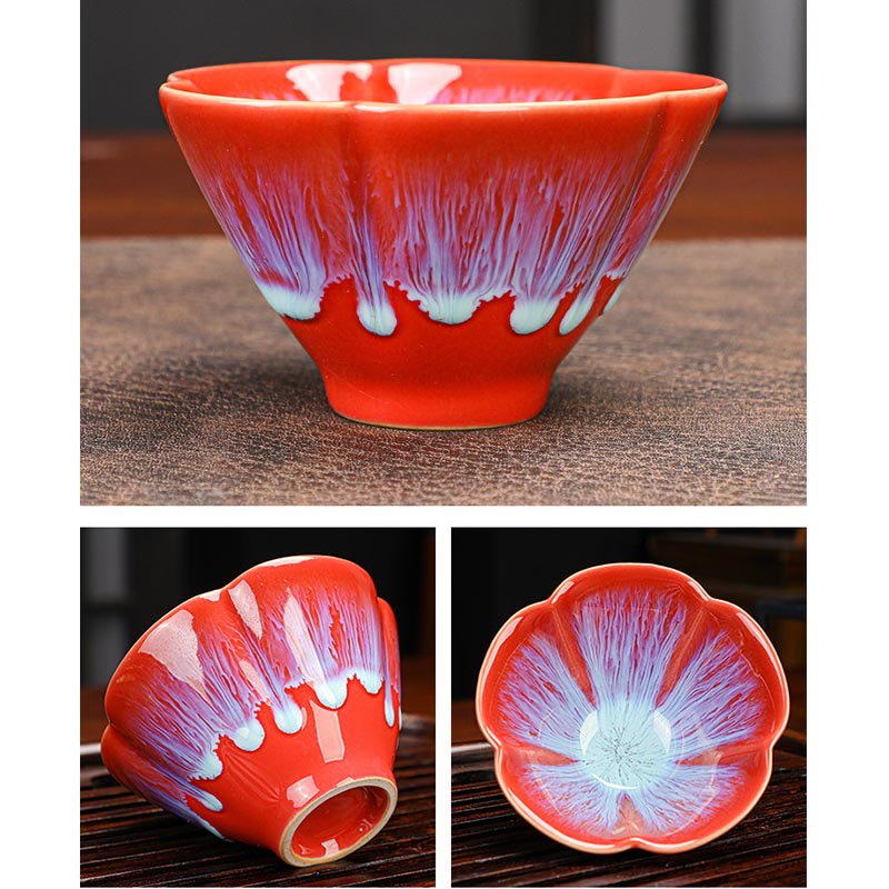 Nimara Ritual 6Pcs Plum Blossom Petal Pattern Chinese Jianzhan Kiln Change Ceramic Teacup Kung Fu Tea Cup Bowl With Gift Box